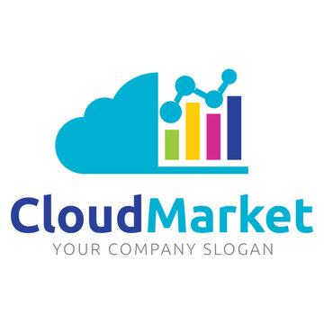 Cloud computing logo featuring a bar graph and network connection inside a blue cloud icon