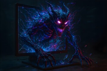 Cosmic Digital Demon Crawling Out of a Broken Screen