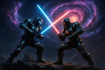 Naklejka premium Two cosmic armored warriors clashing with plasma katanas on a fractured asteroid