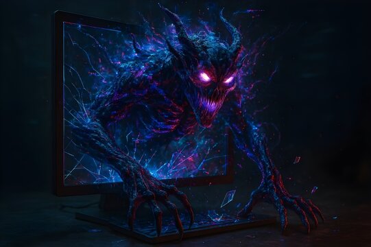 Cosmic Digital Demon Crawling Out of a Broken Screen