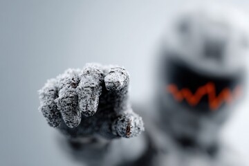 Frost covers reaching hand, blurred figure with red marks in background