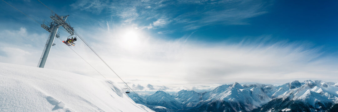 Ski Lift at Snowy Mountains with Copy Space Wide Banner