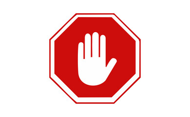 Obraz premium Red stop hand signal icon in octagon shape on white background, prohibition warning, safety alert, danger symbol, road traffic stop sign, restricted action mark, forbidden entry, attention caution ico