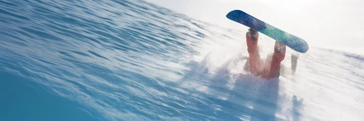Fotobehang Extreme Sporten Snowboarder Wiping Out on Snowy Mountain Wide Banner  © Аrtranq