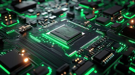 Futuristic Circuit Board with Glowing Green Lights for Tech Background 