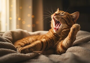 A relaxed ginger cat stretches and yawns, soaking in the warm sunlight. A peaceful and sleepy moment.