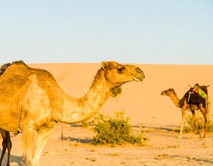 Desert camels in golden light