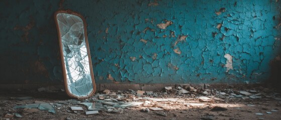 Broken Mirror Leaning Against Peeling Blue Wall in Abandoned Building Low Angle Shot of Shattered Glass and Decay