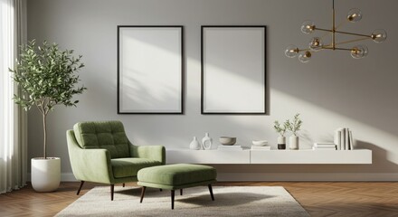 Modern living room with green armchair and minimalist decor