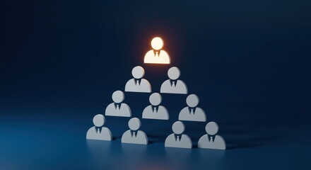 Hierarchy represented by stylized figures with a glowing top figure on blue.