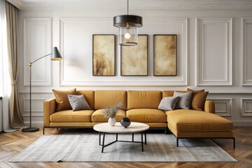 Elegant living room with a vibrant mustard yellow sofa and three picture frames
