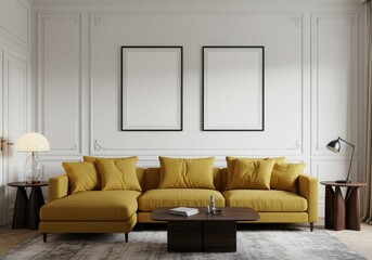 Fototapeta premium Elegant living room with a vibrant mustard yellow sofa and two empty picture frames