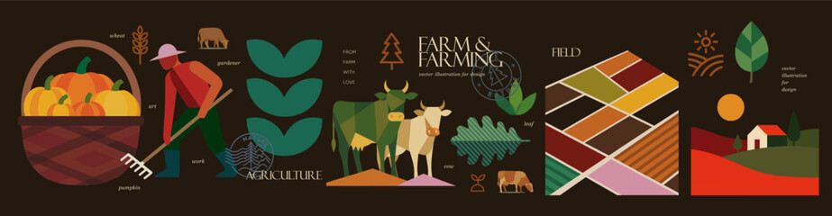 Farm and farming. Modern abstract vector illustration with pumpkins, cow, fields, gardener, village landscape and farmer for agriculture, eco products, organic market, harvest rural design  © Ardea-studio