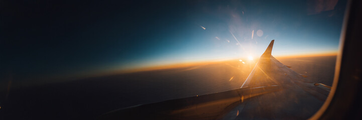 Sunset View from Airplane Wide Banner with Copy Space