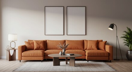 Elegant living room with a vibrant rust-colored sofa and two empty picture frames