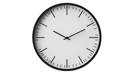 Minimalist Wall Clock with Black Frame and White Face Displaying Time on Transparent Background for Design Mockups