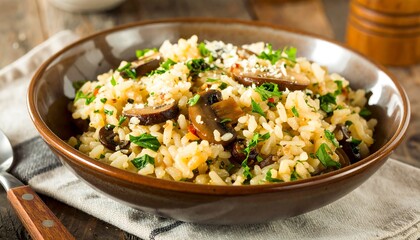 Creamy mushroom risotto, garnished with fresh herbs and cheese, is served in a rustic bowl.