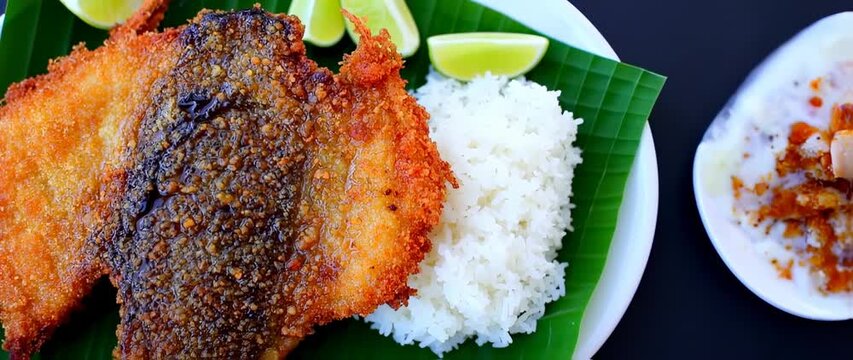 Delicious gourami fish dish, served with white rice, fresh lime, and a tasty sauce