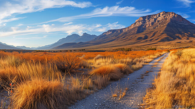 Guadalupe Mountains National Park landscape near El Captain Viewpoint on Route 62 in Salt Flat, Dell City, Texas, USA, panoramic retro-style autumn road scenery with golden grasses 