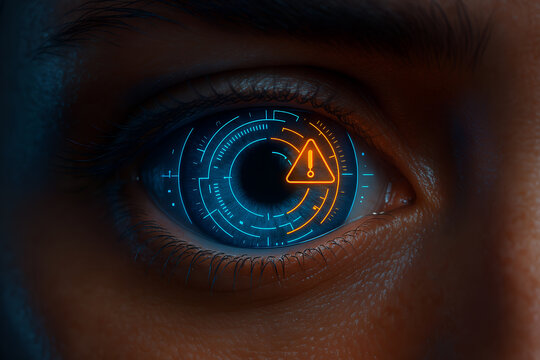 A close up of an eye with a futuristic digital warning overlay showing an alert triangle