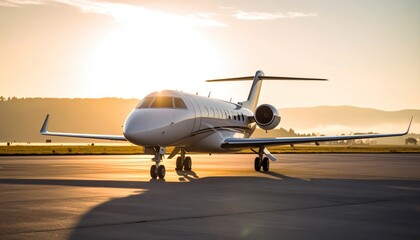 Naklejka premium Private Jet on Runway at Sunset with Business Travel, and Aviation.