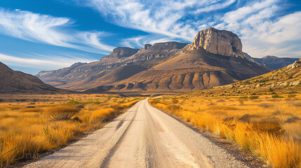 Fototapeta premium Guadalupe Mountains National Park landscape near El Captain Viewpoint on Route 62 in Salt Flat, Dell City, Texas, USA, panoramic retro-style autumn road scenery with golden grasses 
