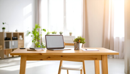 Bright Minimalist Home Office Workspace with Laptop