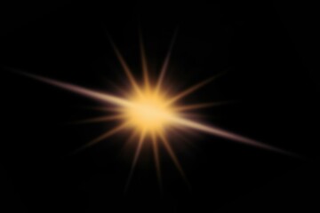 Golden Starburst Light Effect on Black Background, Glowing Sun Flare Abstract Overlay