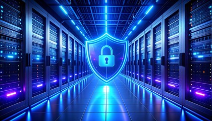 Cybersecurity Shield with Padlock in Futuristic Blue Data Center