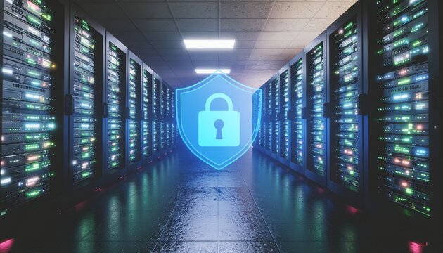 Data Center Security: Server Room with Illuminated Shield and Lock Icon