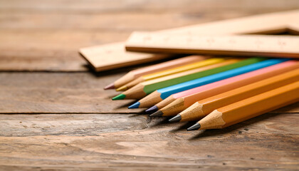 Colored Pencils and Ruler on Wooden Surface