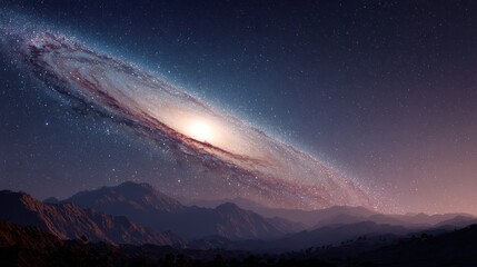 Breathtaking shot of a spiral galaxy looming over silhouetted mountains in the night sky