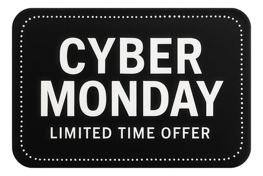 Black tag sticker with CYBER MONDAY limited time offer in bold lettering, engaging retail promo design on transparent background.