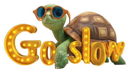 Obraz premium Cartoon turtle with sunglasses, illuminated text