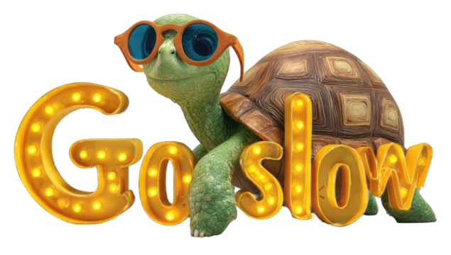Cartoon turtle with sunglasses, illuminated text