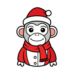 vector outline of a cute chimpanzee wearing a santa