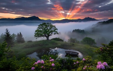 Majestic Sunrise Over Misty Valley With Lone Tree And Rowboat dawn