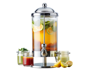 Glass beverage dispenser with infused water, lemons, mint, and small jars, isolated on transparent background