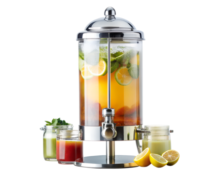 Glass beverage dispenser with infused water, lemons, mint, and small jars, isolated on transparent background
