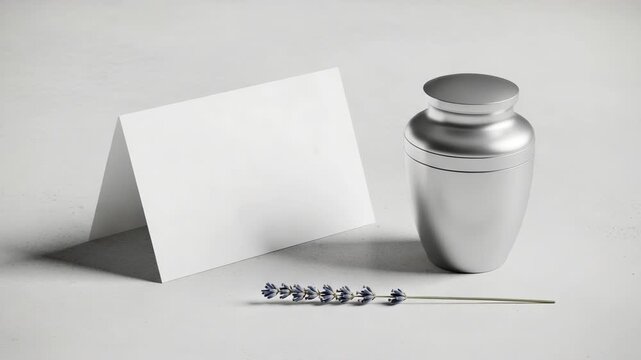 Elegant invitation card laying with small beads and steel urn casting long shadow on bright backdrop. Invitation card is blank providing copy space for custom message.