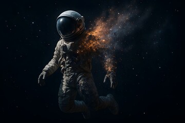 An astronaut floating in space as their body shatters into glowing stardust powder