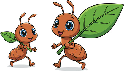 Cute cartoon ants carrying green leaves. Happy ant characters illustration for kids, nature themes, insect mascots, or educational design.