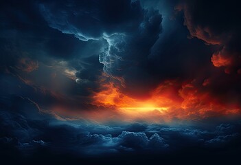 Naklejka premium Dramatic turbulent sky with fiery horizon and ominous cloud.
