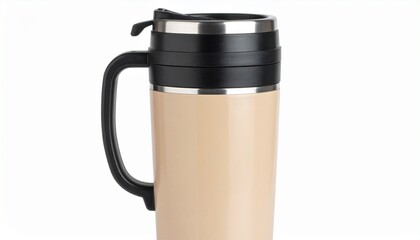 Beige metallic travel mug with black insulated lid and handle for hot or cold beverages.
