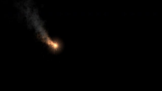 Animation of a spark flare with smoke moving from left to right, as if it were the spark from a dynamite fuse, on a black background.