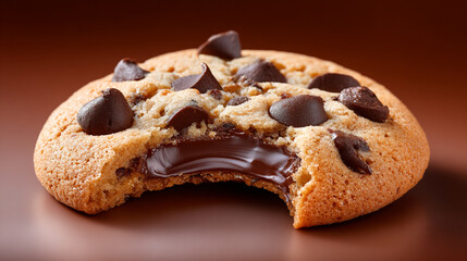 Chocolate Chip Cookie With Bite Missing And Molten Chocolate Center On Brown Background