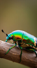 Naklejka premium Detailed Close-up Iridescent Jewel Beetle on a Branch in Nature