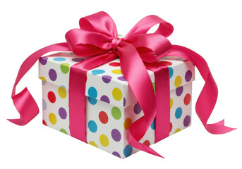 Obraz premium Colorful polka dot gift box with pink ribbon isolated on transparent background. use cases: birthday, present.