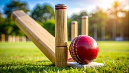 Close-up of red cricket ball against wooden stumps on grassy pitch under a sunny sky.