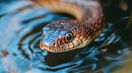Obraz premium Close-up view of a snake's head emerging from water.